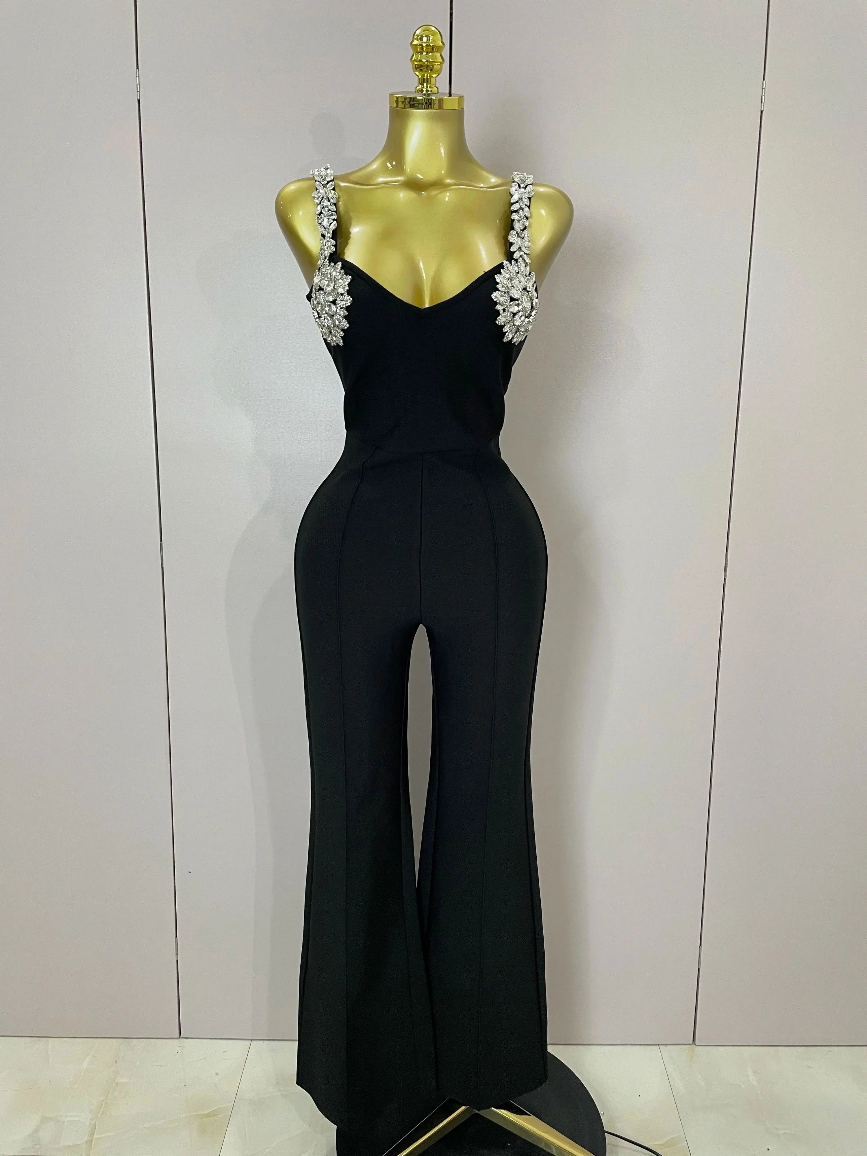 Shining Diamonds Womrn Sexy V-Neck Sleeveless Bandage Jumpsuit Celebrity Elegant Evening Party Club High Quality Birthday Outfit
